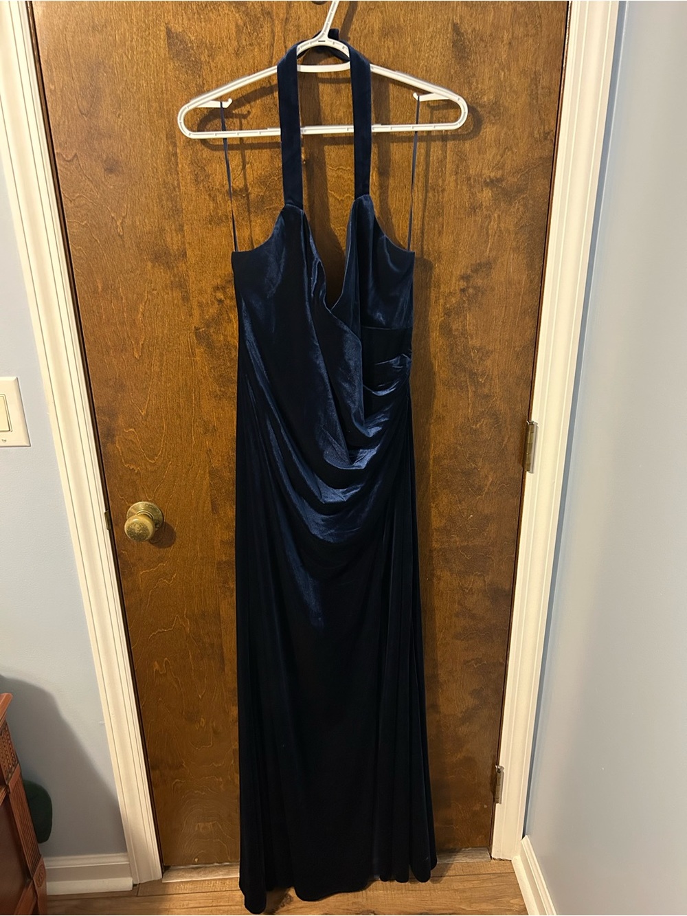 Makie Navy Halter Draped Maxi Gown
